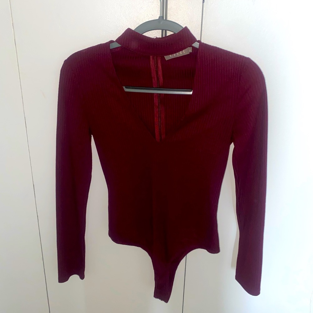 Maroon deep v long sleeve body suit